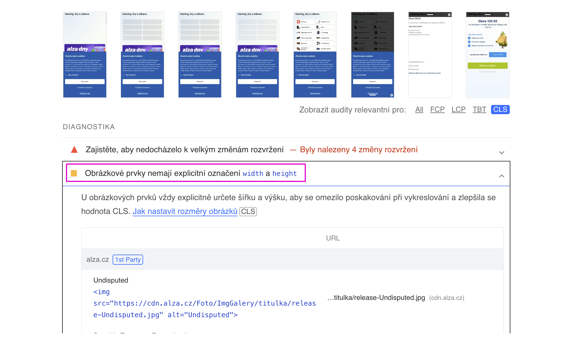Lighthouse test označí obrázky bez atributů width a height